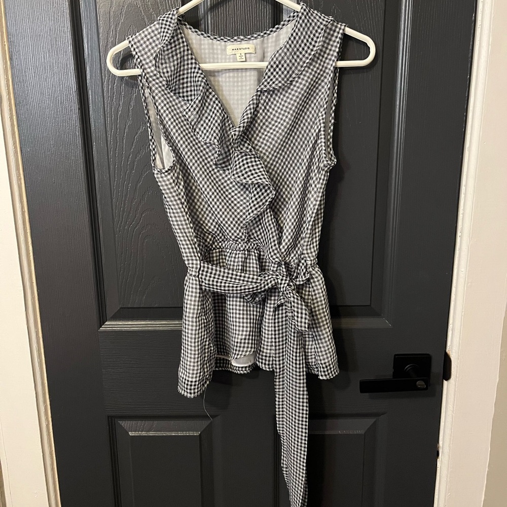 Max Studio Navy and White Checkered Blouse